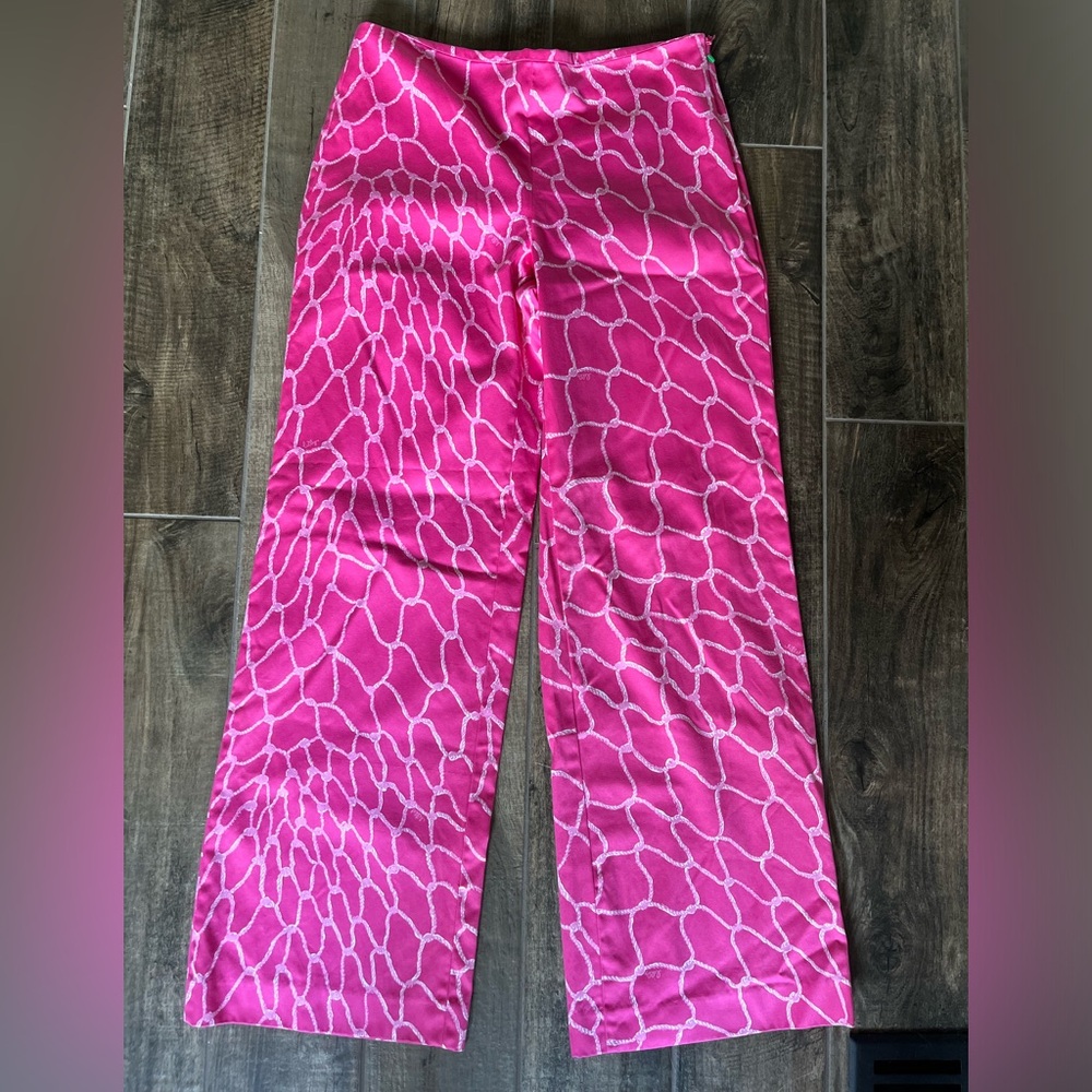 Lilly Pulitzer Pink Wide Leg Pants with White Chain-Link Print - Picture 2 of 3